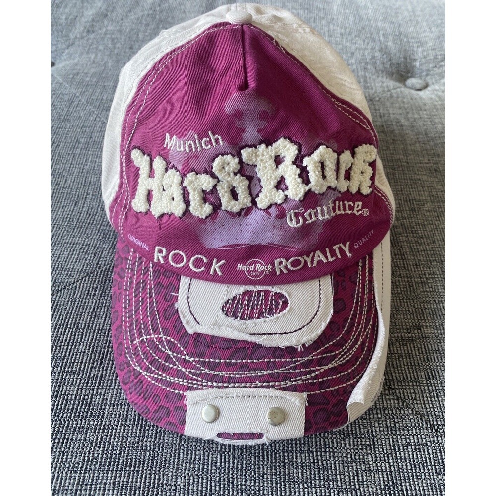 Hard Rock Cafe Munich Couture Distressed Hat Cap Back Strap Off White Purple